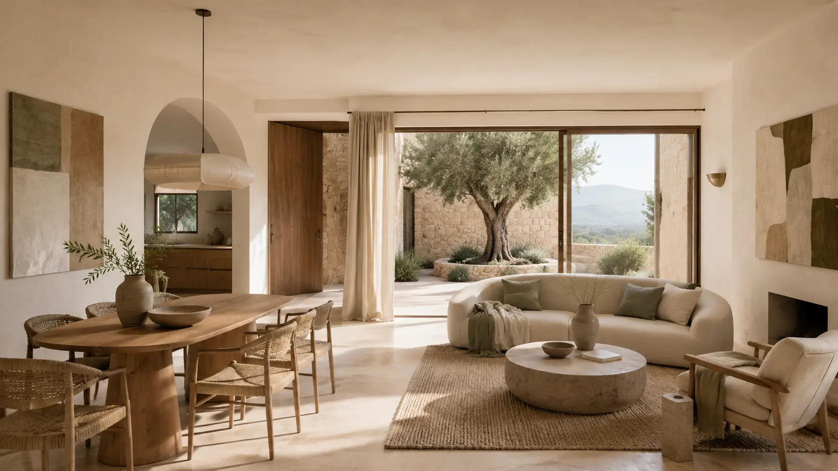 Mediterraner Wohn- und Essbereich in warmen Naturmaterialien